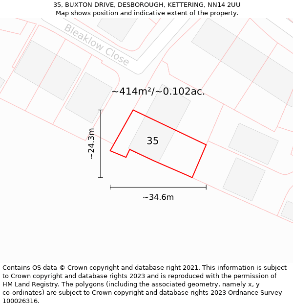 35, BUXTON DRIVE, DESBOROUGH, KETTERING, NN14 2UU: Plot and title map