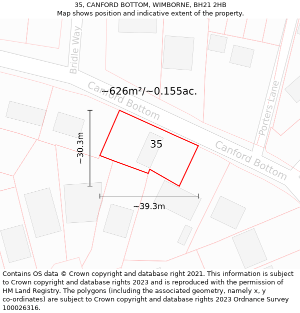 35, CANFORD BOTTOM, WIMBORNE, BH21 2HB: Plot and title map