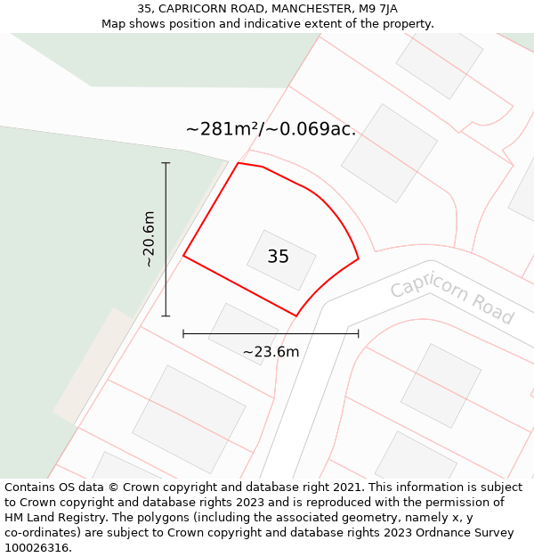 35, CAPRICORN ROAD, MANCHESTER, M9 7JA: Plot and title map