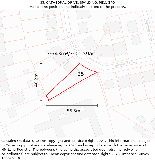 35, CATHEDRAL DRIVE, SPALDING, PE11 1PQ: Plot and title map