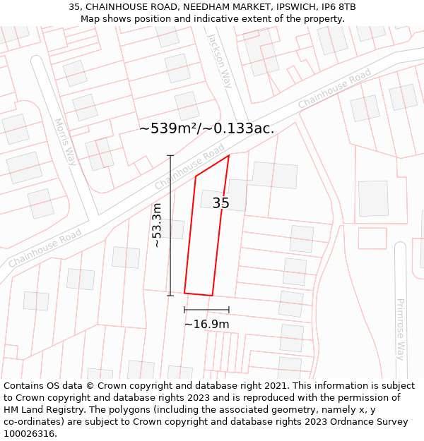 35, CHAINHOUSE ROAD, NEEDHAM MARKET, IPSWICH, IP6 8TB: Plot and title map