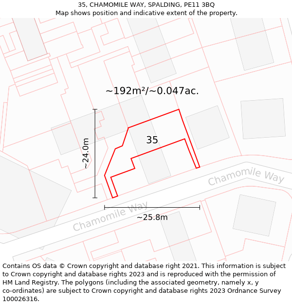 35, CHAMOMILE WAY, SPALDING, PE11 3BQ: Plot and title map