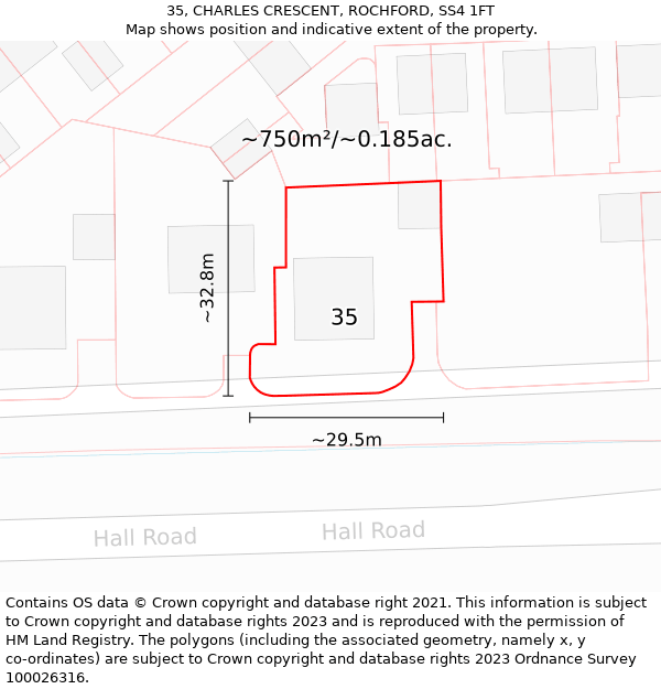 35, CHARLES CRESCENT, ROCHFORD, SS4 1FT: Plot and title map