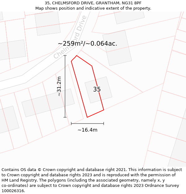 35, CHELMSFORD DRIVE, GRANTHAM, NG31 8PF: Plot and title map