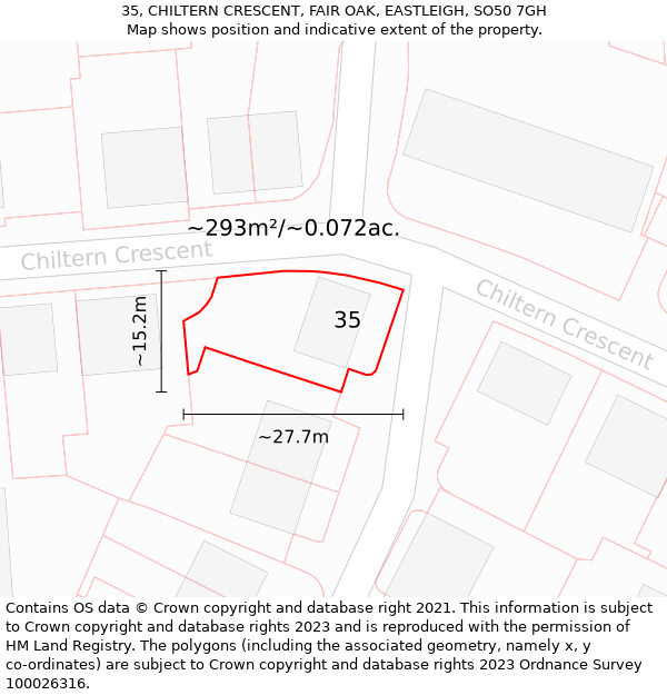 35, CHILTERN CRESCENT, FAIR OAK, EASTLEIGH, SO50 7GH: Plot and title map