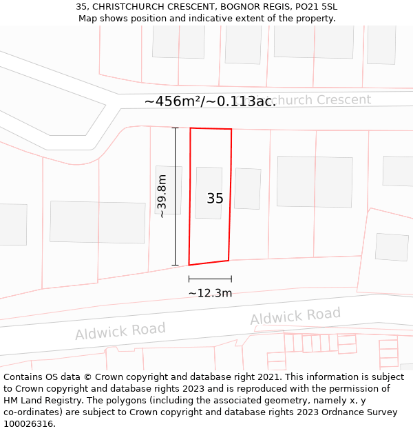 35, CHRISTCHURCH CRESCENT, BOGNOR REGIS, PO21 5SL: Plot and title map