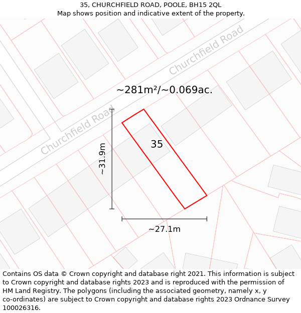 35, CHURCHFIELD ROAD, POOLE, BH15 2QL: Plot and title map