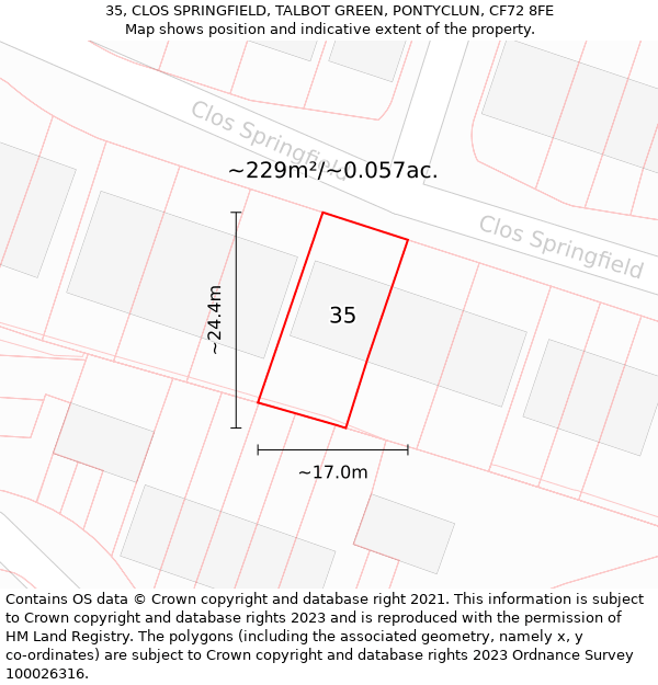 35, CLOS SPRINGFIELD, TALBOT GREEN, PONTYCLUN, CF72 8FE: Plot and title map