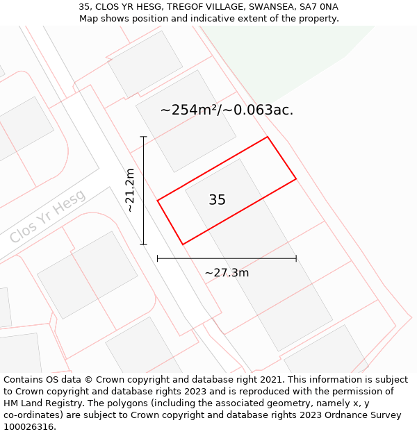 35, CLOS YR HESG, TREGOF VILLAGE, SWANSEA, SA7 0NA: Plot and title map