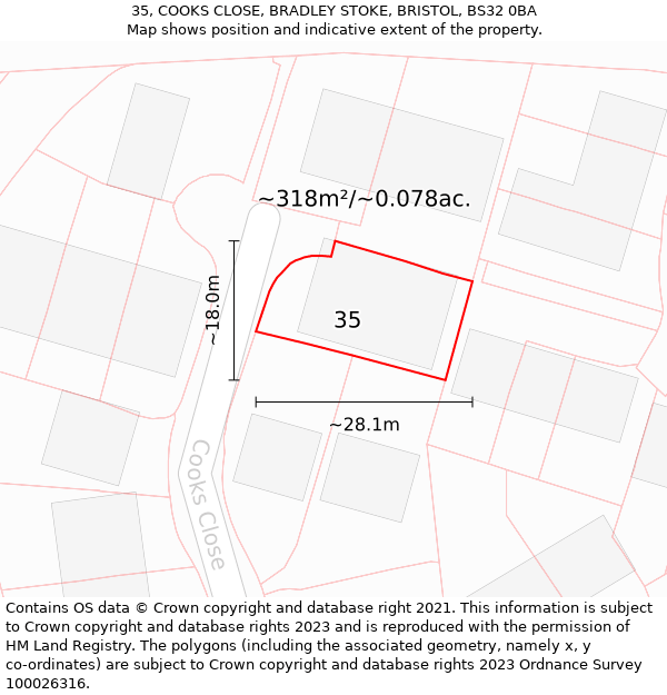35, COOKS CLOSE, BRADLEY STOKE, BRISTOL, BS32 0BA: Plot and title map