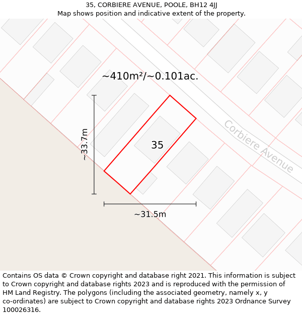 35, CORBIERE AVENUE, POOLE, BH12 4JJ: Plot and title map