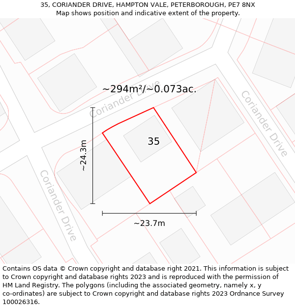 35, CORIANDER DRIVE, HAMPTON VALE, PETERBOROUGH, PE7 8NX: Plot and title map