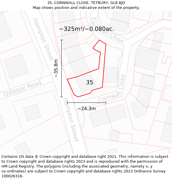 35, CORNWALL CLOSE, TETBURY, GL8 8JD: Plot and title map