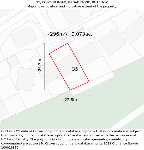 35, COWSLIP ROAD, BROADSTONE, BH18 9QZ: Plot and title map