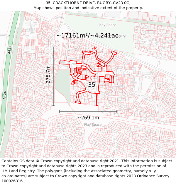 35, CRACKTHORNE DRIVE, RUGBY, CV23 0GJ: Plot and title map