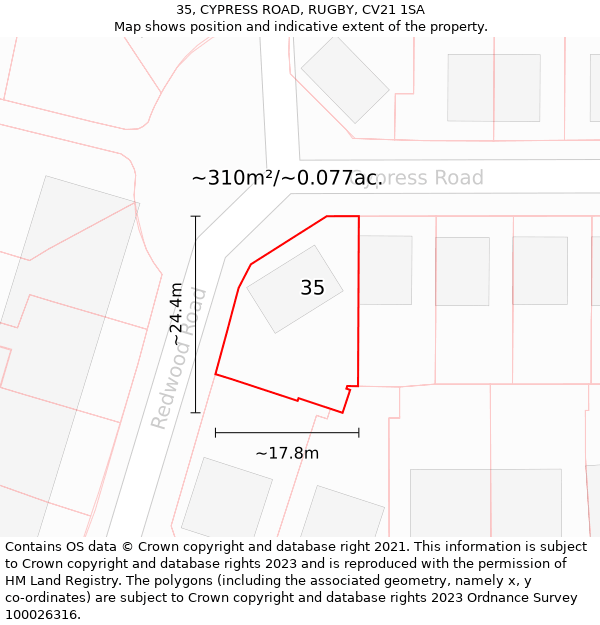 35, CYPRESS ROAD, RUGBY, CV21 1SA: Plot and title map