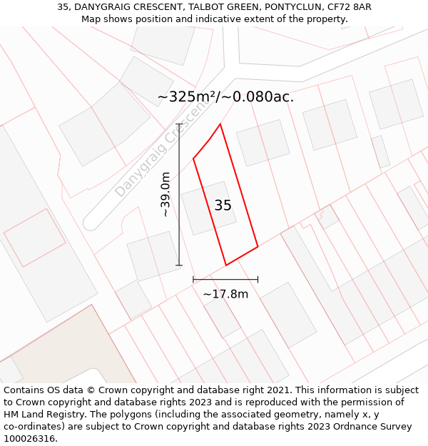 35, DANYGRAIG CRESCENT, TALBOT GREEN, PONTYCLUN, CF72 8AR: Plot and title map