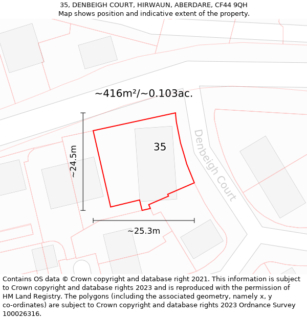 35, DENBEIGH COURT, HIRWAUN, ABERDARE, CF44 9QH: Plot and title map