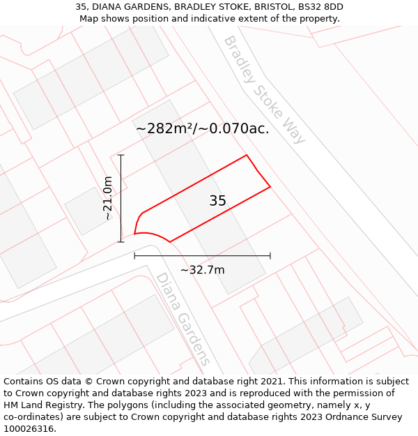 35, DIANA GARDENS, BRADLEY STOKE, BRISTOL, BS32 8DD: Plot and title map