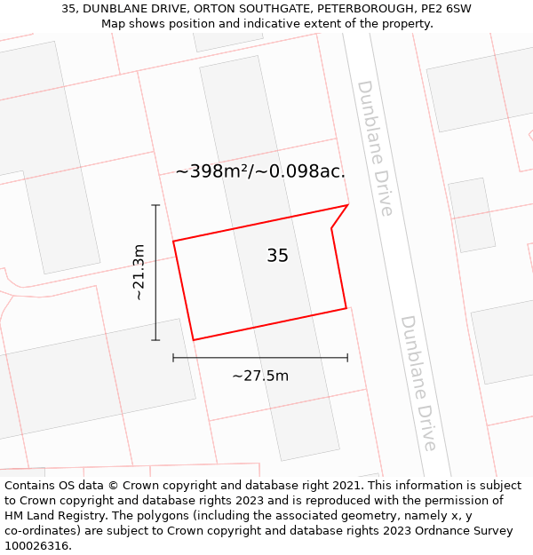 35, DUNBLANE DRIVE, ORTON SOUTHGATE, PETERBOROUGH, PE2 6SW: Plot and title map