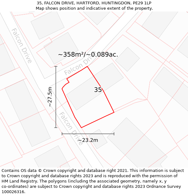 35, FALCON DRIVE, HARTFORD, HUNTINGDON, PE29 1LP: Plot and title map