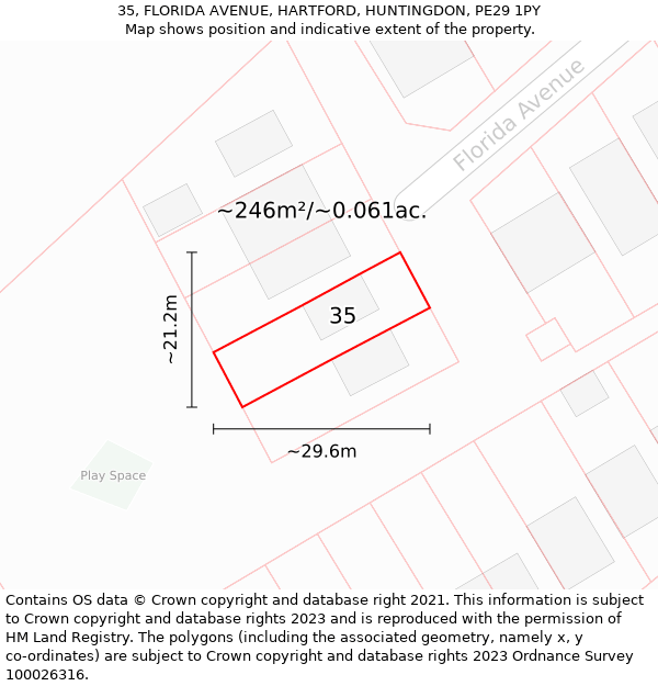 35, FLORIDA AVENUE, HARTFORD, HUNTINGDON, PE29 1PY: Plot and title map