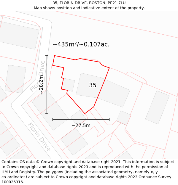 35, FLORIN DRIVE, BOSTON, PE21 7LU: Plot and title map