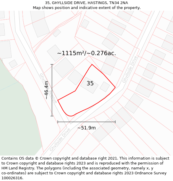35, GHYLLSIDE DRIVE, HASTINGS, TN34 2NA: Plot and title map