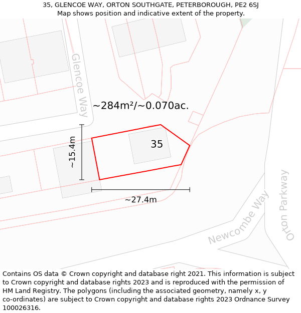 35, GLENCOE WAY, ORTON SOUTHGATE, PETERBOROUGH, PE2 6SJ: Plot and title map