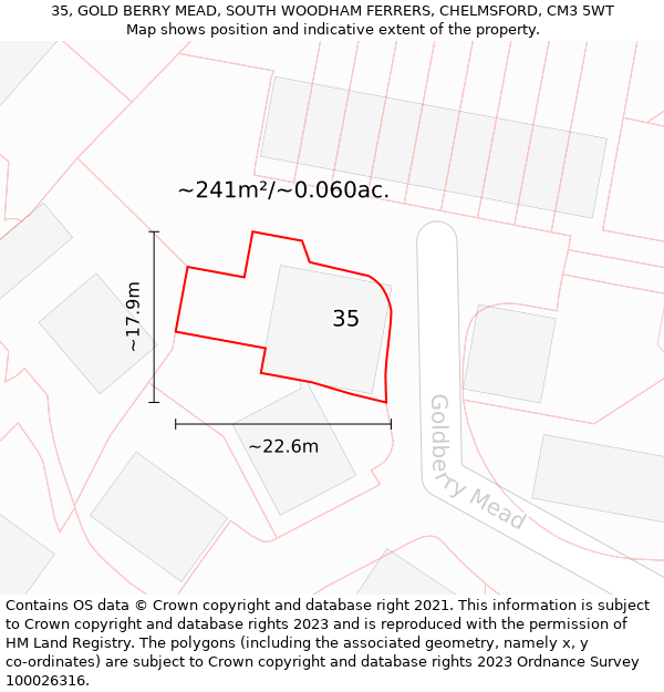 35, GOLD BERRY MEAD, SOUTH WOODHAM FERRERS, CHELMSFORD, CM3 5WT: Plot and title map