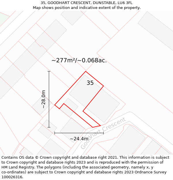 35, GOODHART CRESCENT, DUNSTABLE, LU6 3FL: Plot and title map