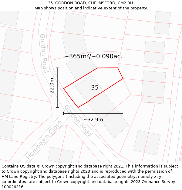 35, GORDON ROAD, CHELMSFORD, CM2 9LL: Plot and title map