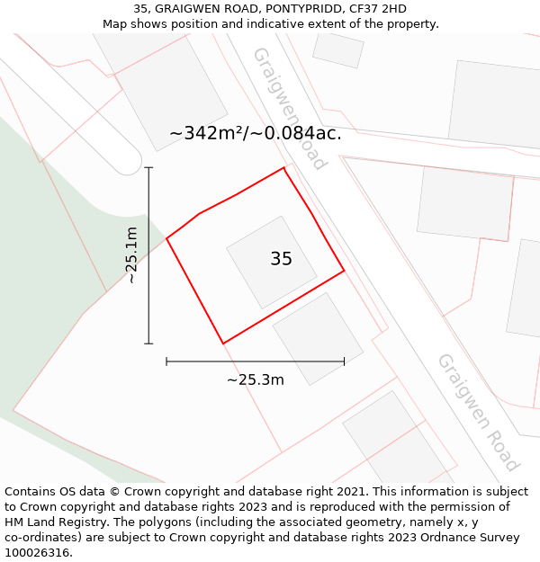 35, GRAIGWEN ROAD, PONTYPRIDD, CF37 2HD: Plot and title map