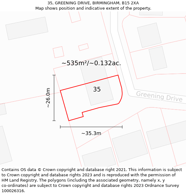 35, GREENING DRIVE, BIRMINGHAM, B15 2XA: Plot and title map