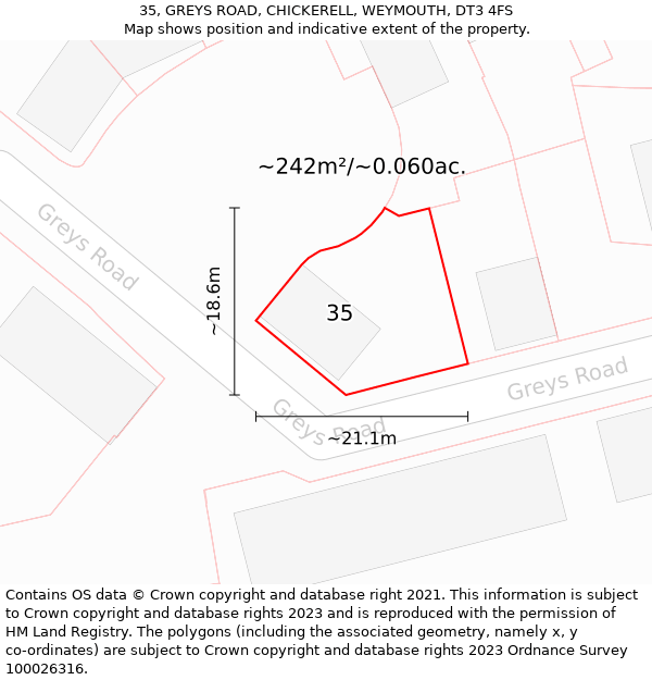 35, GREYS ROAD, CHICKERELL, WEYMOUTH, DT3 4FS: Plot and title map