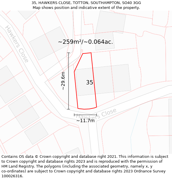 35, HAWKERS CLOSE, TOTTON, SOUTHAMPTON, SO40 3GG: Plot and title map