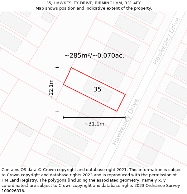 35, HAWKESLEY DRIVE, BIRMINGHAM, B31 4EY: Plot and title map