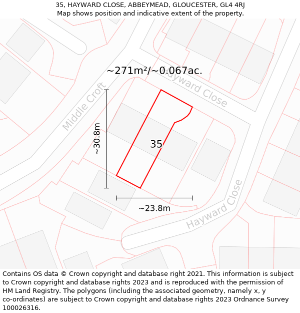 35, HAYWARD CLOSE, ABBEYMEAD, GLOUCESTER, GL4 4RJ: Plot and title map