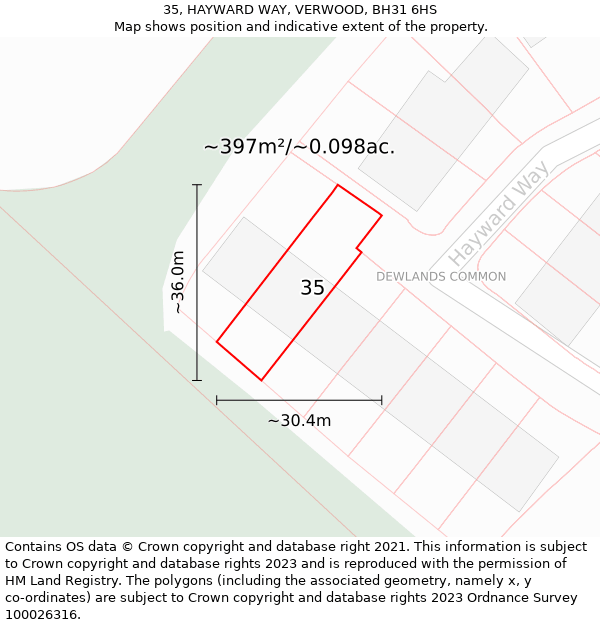 35, HAYWARD WAY, VERWOOD, BH31 6HS: Plot and title map