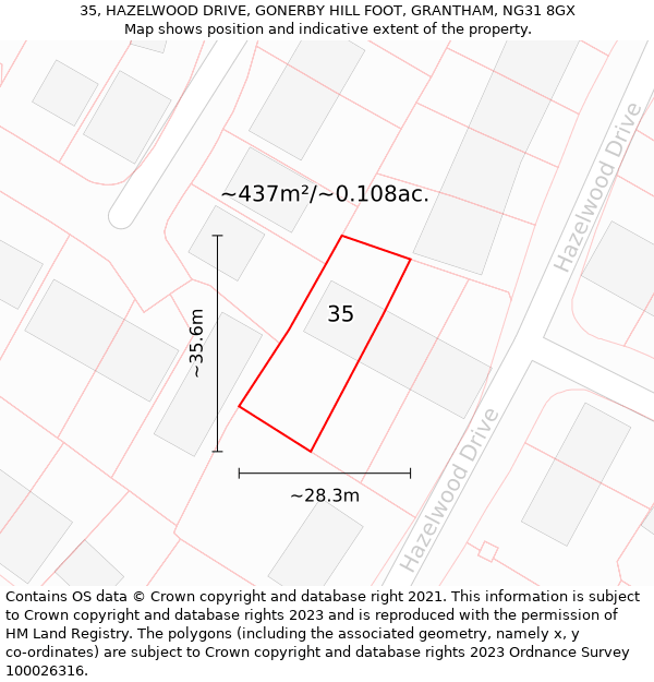 35, HAZELWOOD DRIVE, GONERBY HILL FOOT, GRANTHAM, NG31 8GX: Plot and title map