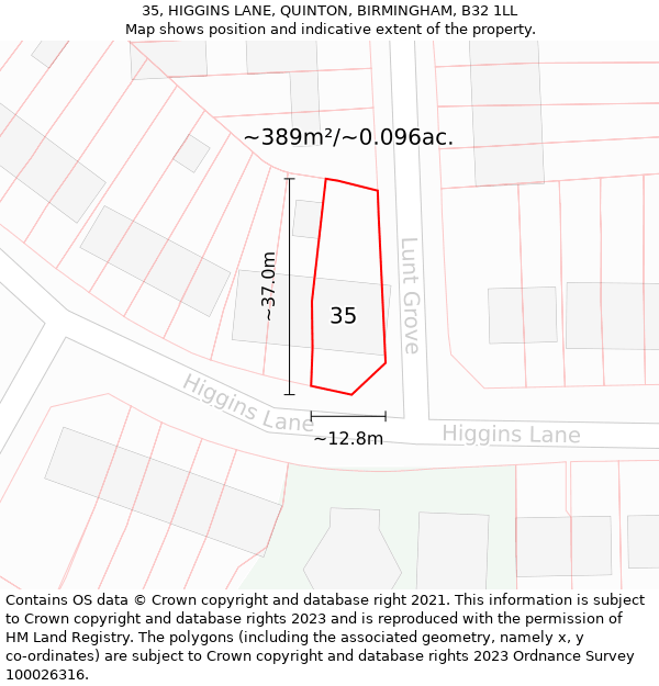 35, HIGGINS LANE, QUINTON, BIRMINGHAM, B32 1LL: Plot and title map