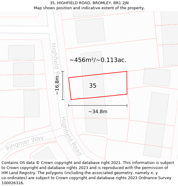 35, HIGHFIELD ROAD, BROMLEY, BR1 2JN: Plot and title map