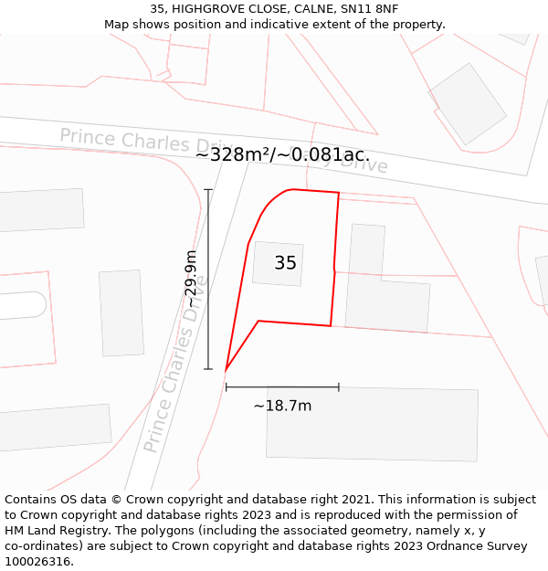 35, HIGHGROVE CLOSE, CALNE, SN11 8NF: Plot and title map