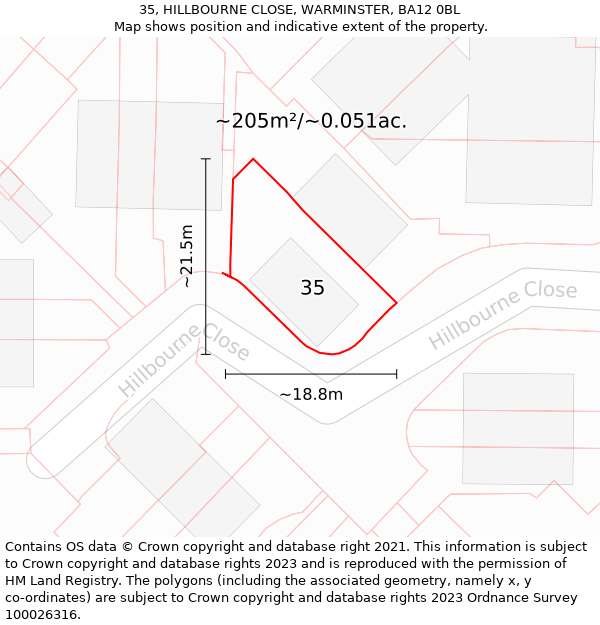 35, HILLBOURNE CLOSE, WARMINSTER, BA12 0BL: Plot and title map