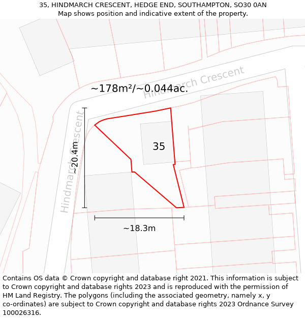 35, HINDMARCH CRESCENT, HEDGE END, SOUTHAMPTON, SO30 0AN: Plot and title map