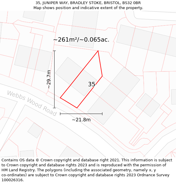 35, JUNIPER WAY, BRADLEY STOKE, BRISTOL, BS32 0BR: Plot and title map