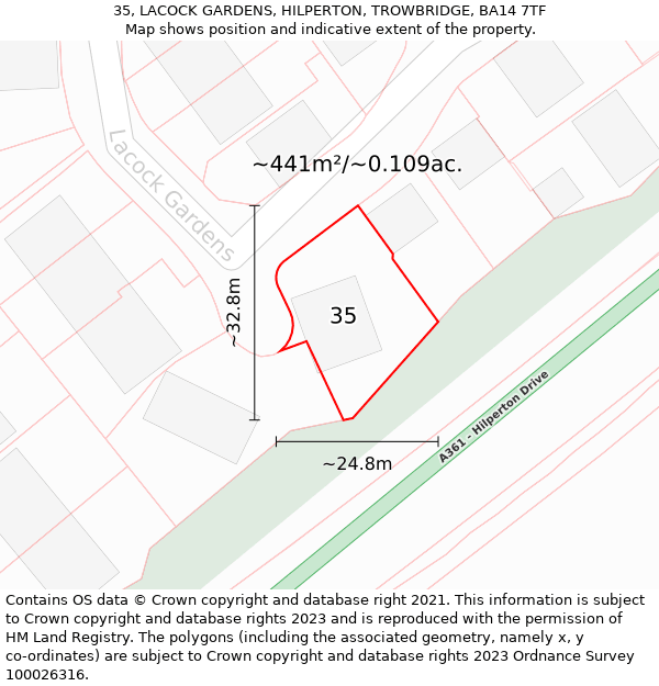 35, LACOCK GARDENS, HILPERTON, TROWBRIDGE, BA14 7TF: Plot and title map