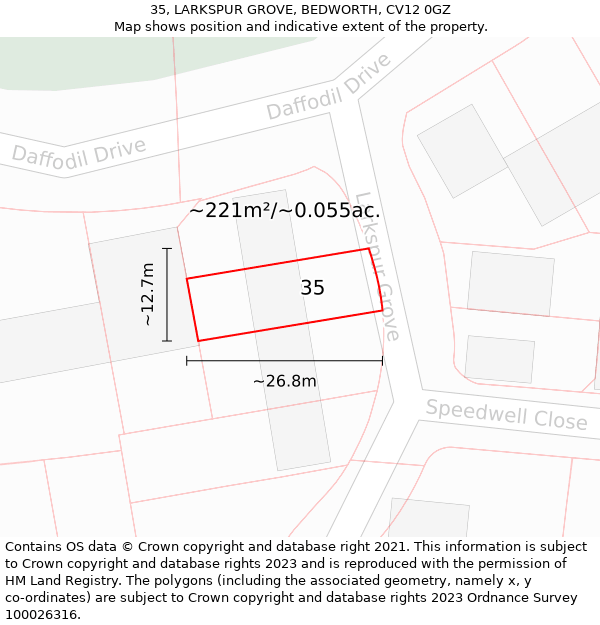 35, LARKSPUR GROVE, BEDWORTH, CV12 0GZ: Plot and title map