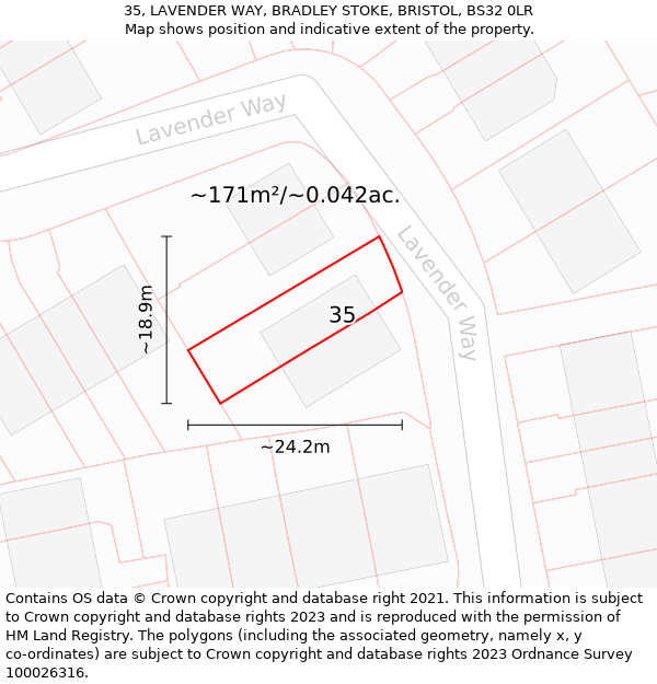 35, LAVENDER WAY, BRADLEY STOKE, BRISTOL, BS32 0LR: Plot and title map