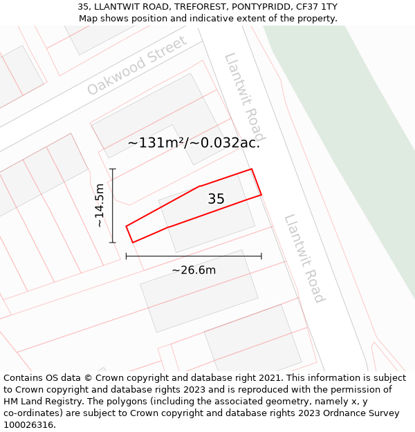 35, LLANTWIT ROAD, TREFOREST, PONTYPRIDD, CF37 1TY: Plot and title map